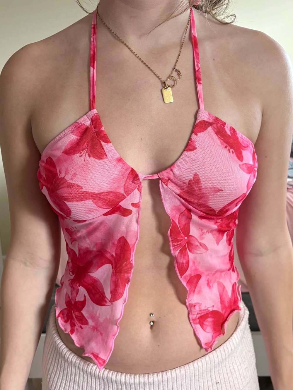 SHEIN Pink & Red Floral Halter Bandeau Top